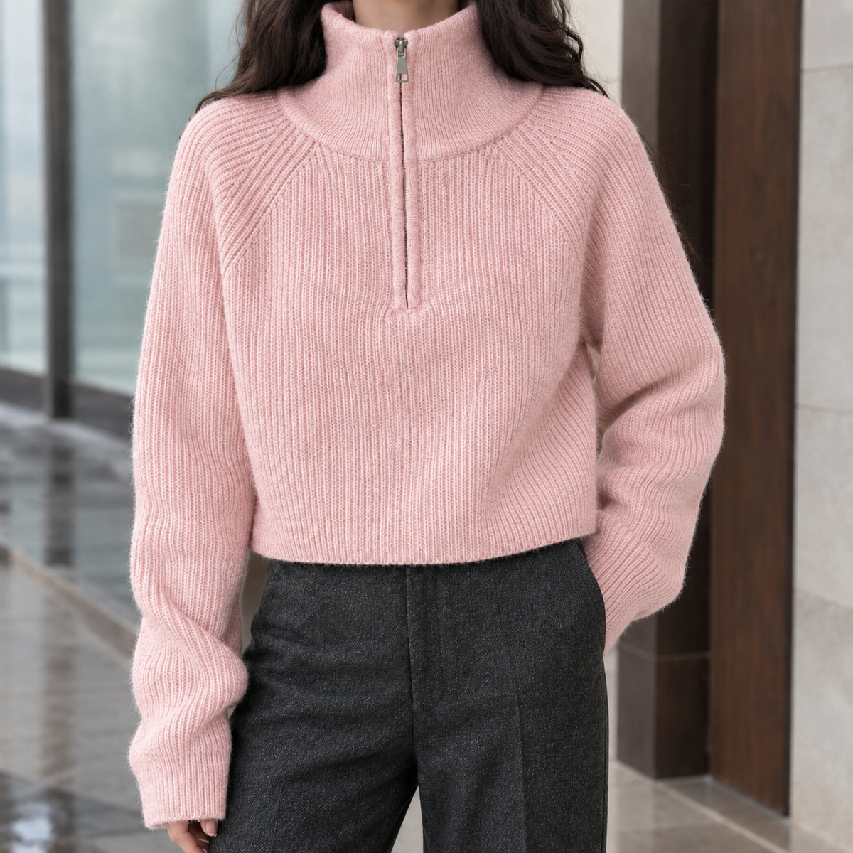 Half-Zip Wool Cropped Sweater — Ribbed Knit for Women 7