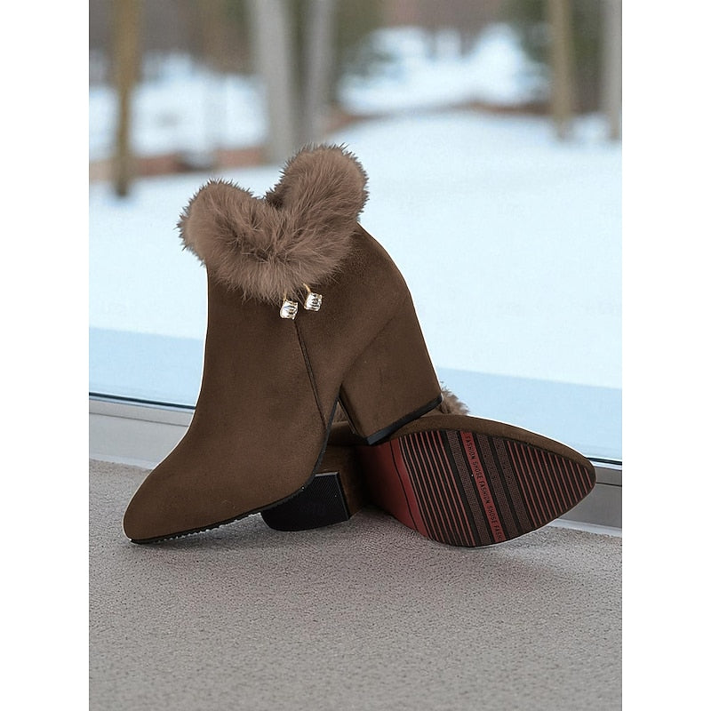 Fur-Trimmed Block Heel Ankle Boots — Women's Side Zip 3