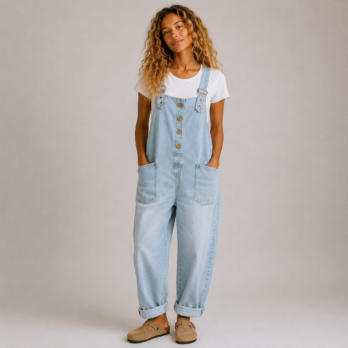 Vintage Soft Cotton Denim-Look Overalls with Adjustable Straps