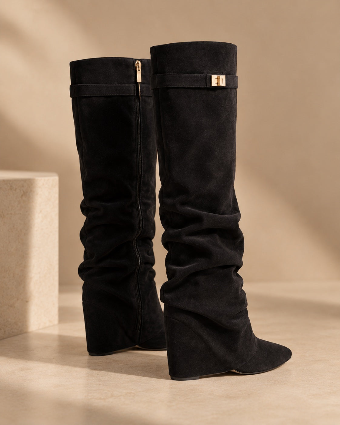 Noirenne Knee High Slouch Boots with Hidden Heel Lift