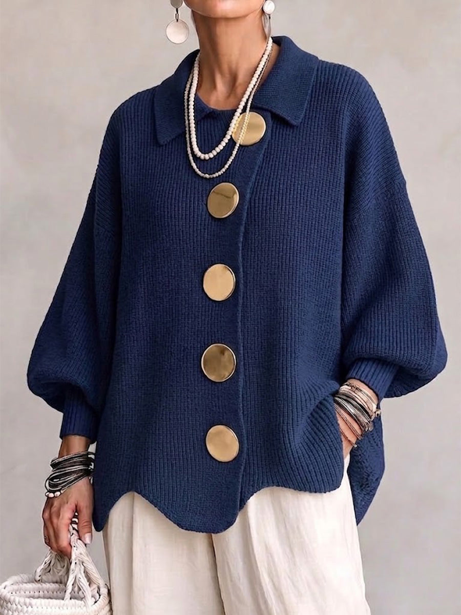 Oversized Knit Cardigan — Collared with Large Metal Buttons 1