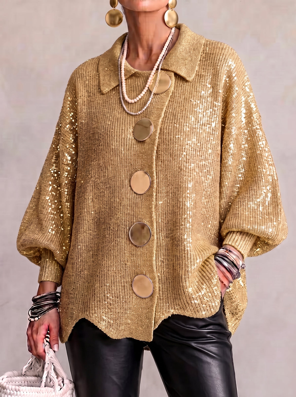 Oversized Knit Cardigan — Collared with Large Metal Buttons 5