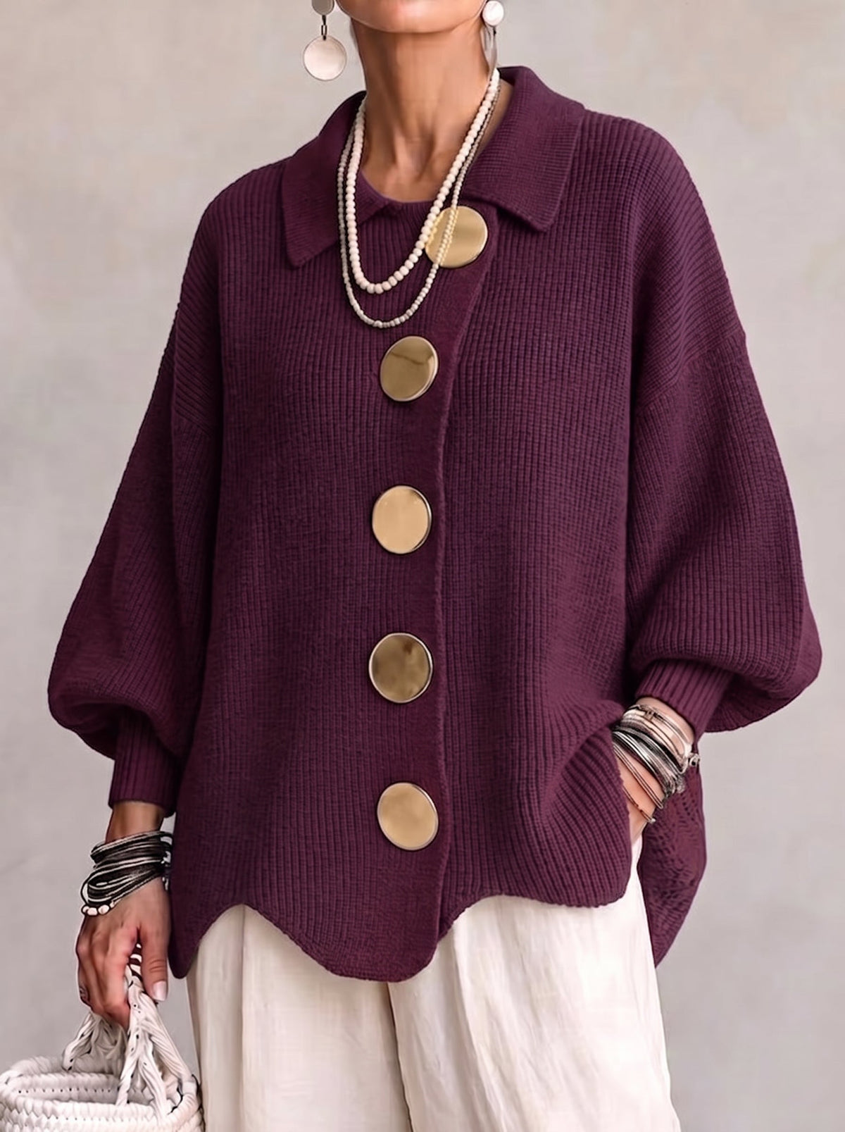 Oversized Knit Cardigan — Collared with Large Metal Buttons 3