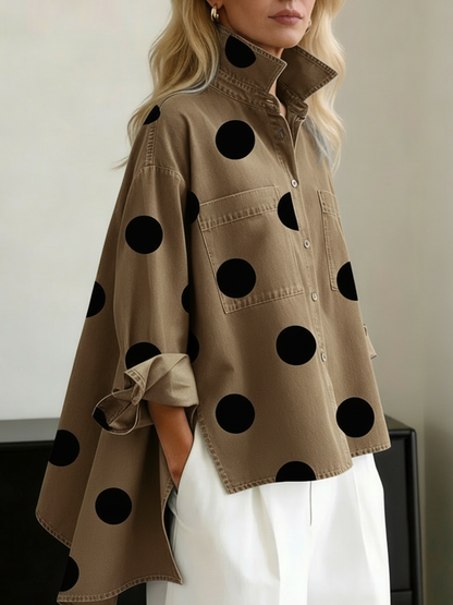 Polka Dot Denim Top for Women — Loose Stand-Collar Style 5