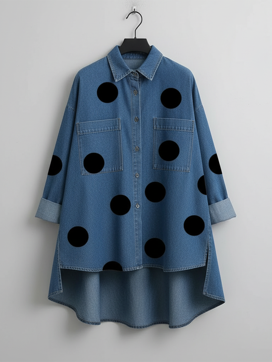 Polka Dot Denim Top for Women — Loose Stand-Collar Style 7