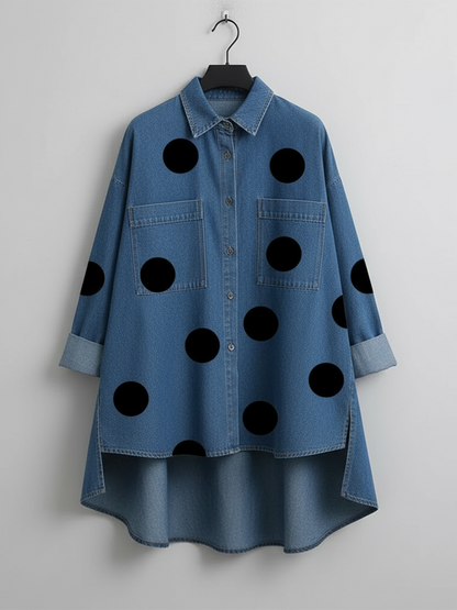 Polka Dot Denim Top for Women — Loose Stand-Collar Style 7