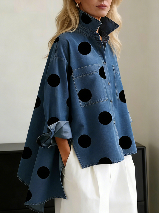 Polka Dot Denim Top for Women — Loose Stand-Collar Style 1