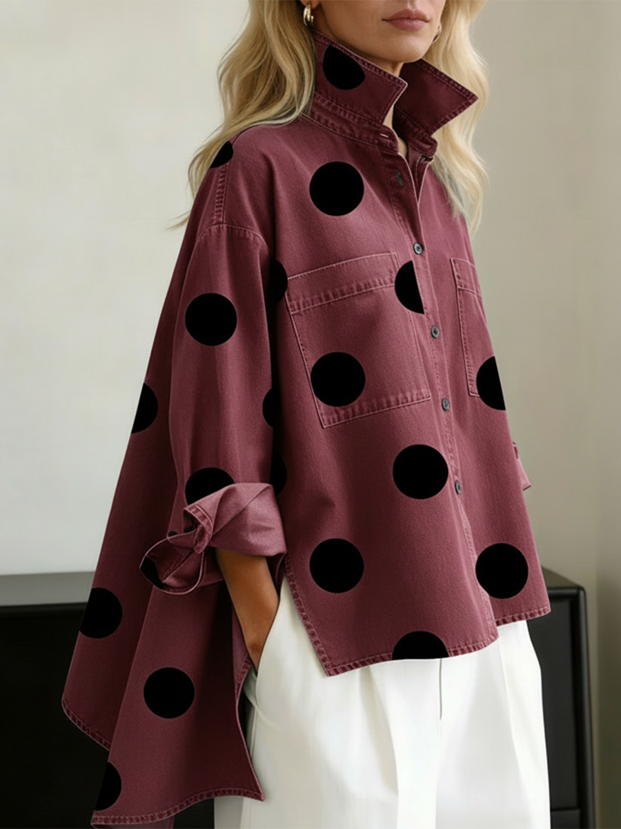 Polka Dot Denim Top for Women — Loose Stand-Collar Style 6