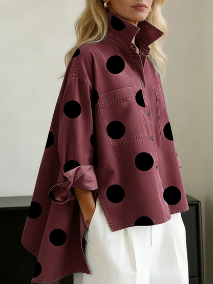 Polka Dot Denim Top for Women — Loose Stand-Collar Style 6