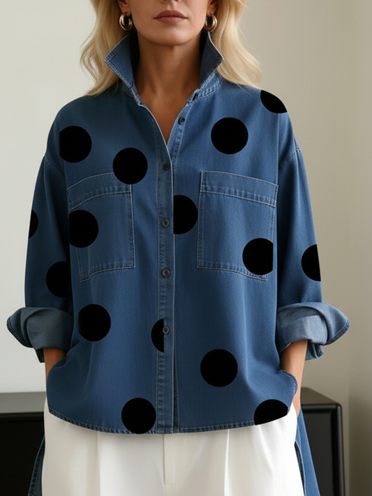 Polka Dot Denim Top for Women — Loose Stand-Collar Style 3