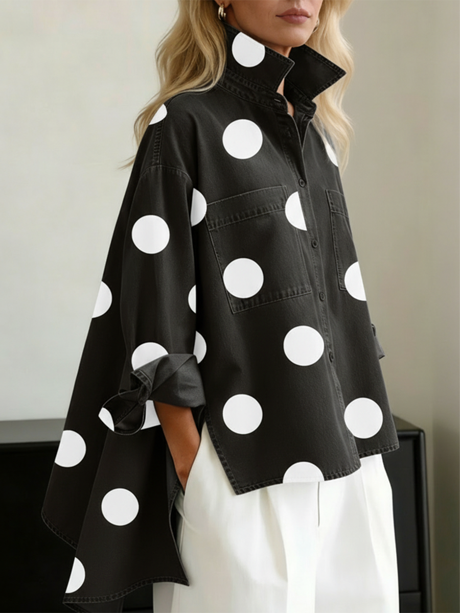 Polka Dot Denim Top for Women — Loose Stand-Collar Style 4
