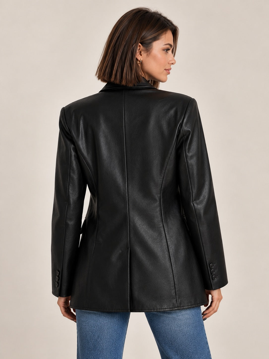 Oversized Faux Leather Blazer — Single Button with Padded Shoulders