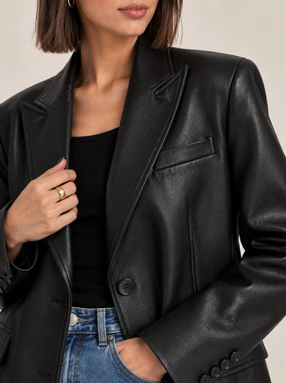Oversized Faux Leather Blazer — Single Button with Padded Shoulders