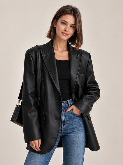 Oversized Faux Leather Blazer — Single Button with Padded Shoulders