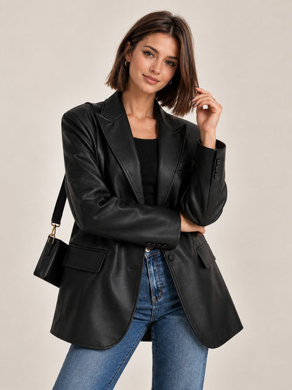 Oversized Faux Leather Blazer — Single Button with Padded Shoulders