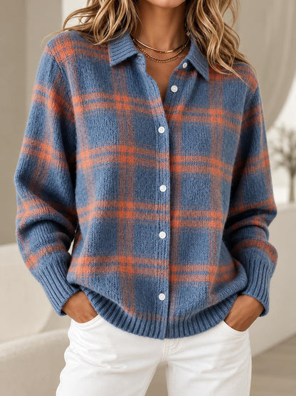 Plaid Button-Down Knit Cardigan | Ribbed Plus-Size Cozy Layering