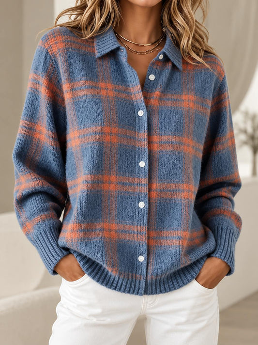 Plaid Button-Down Knit Cardigan | Ribbed Plus-Size Cozy Layering
