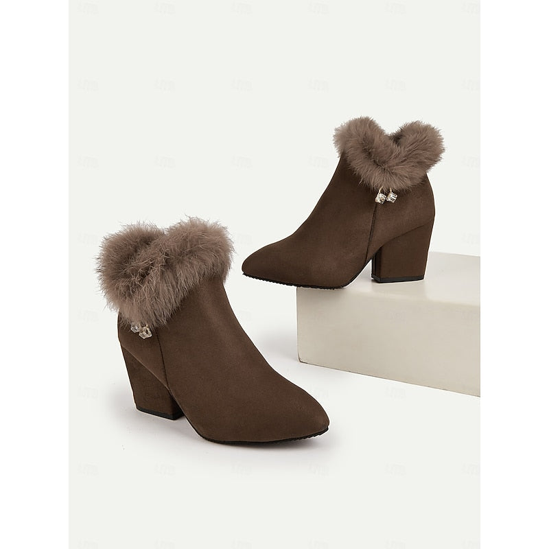 Fur-Trimmed Block Heel Ankle Boots — Women's Side Zip 9