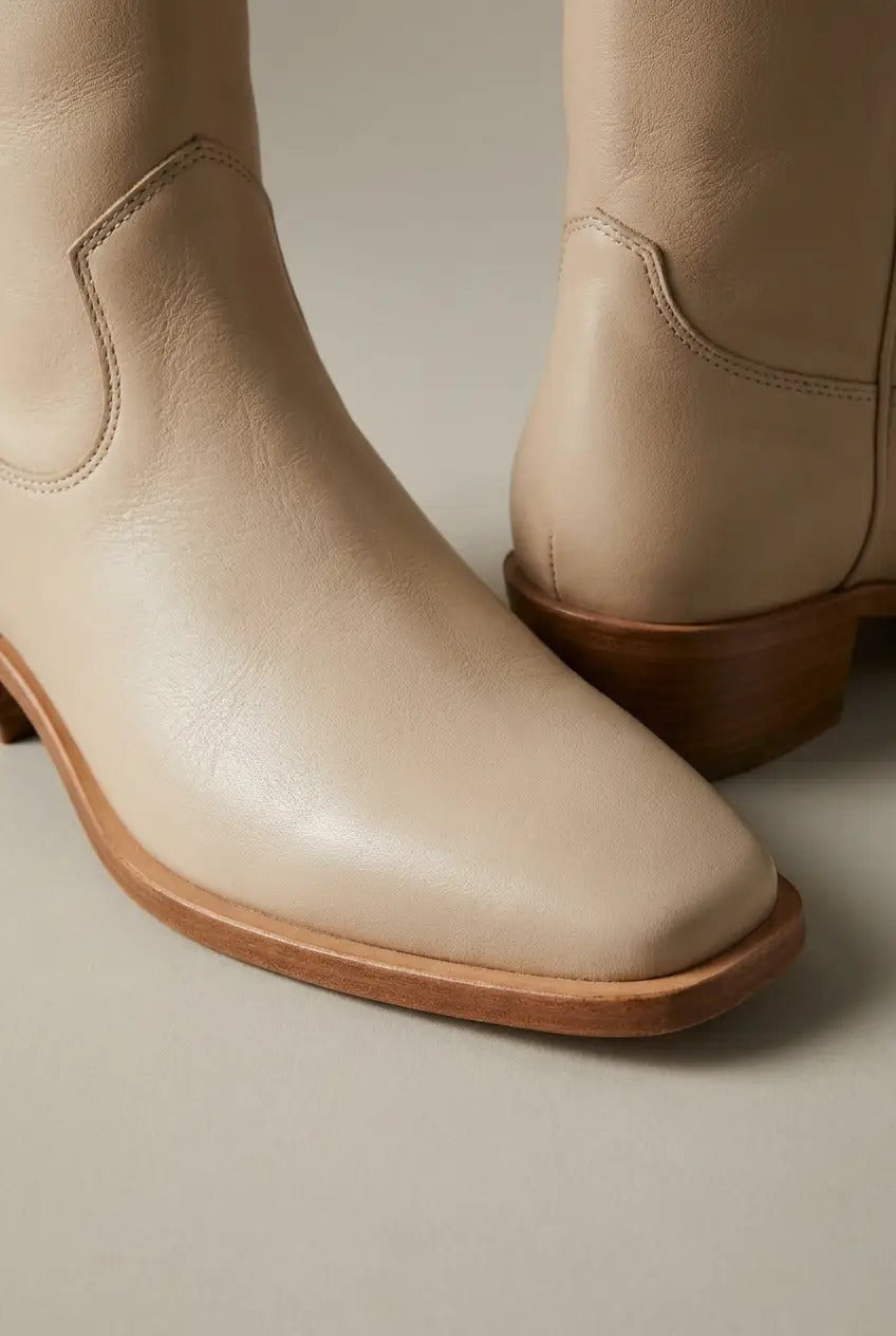 Women's ivory square-toe western boots, back view