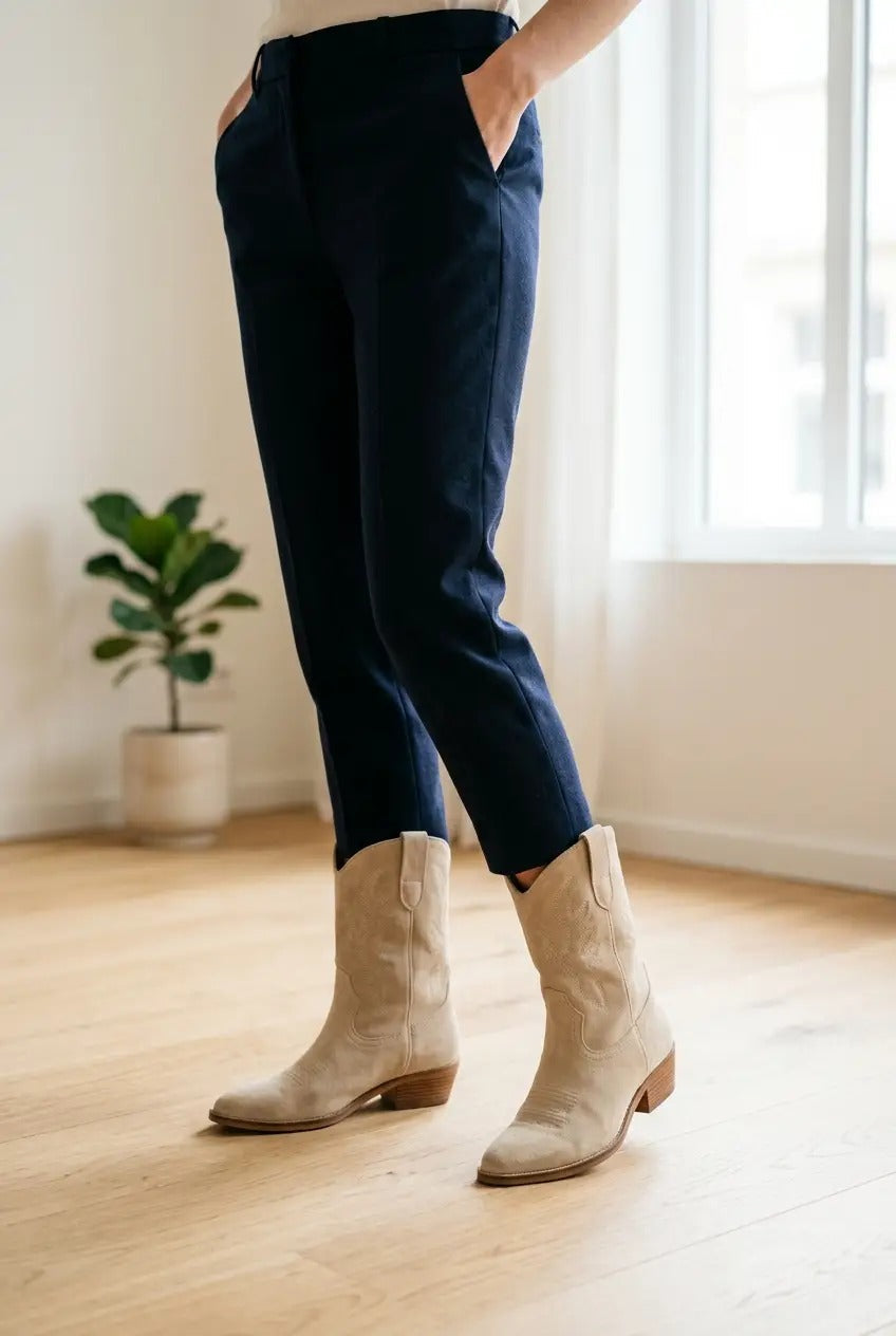 Close-up of square toe and scalloped topline on ivory boots