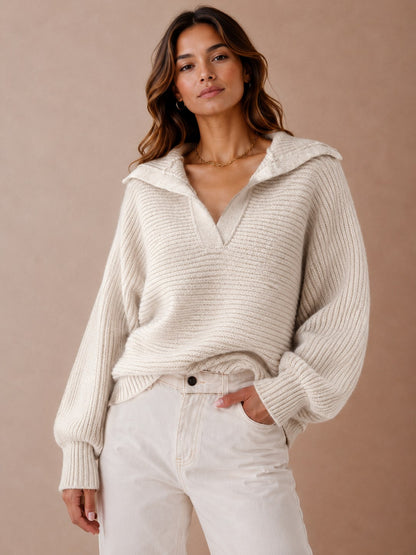 Ribbed Knit Sweater with Oversized Foldover Collar & Split Neckline