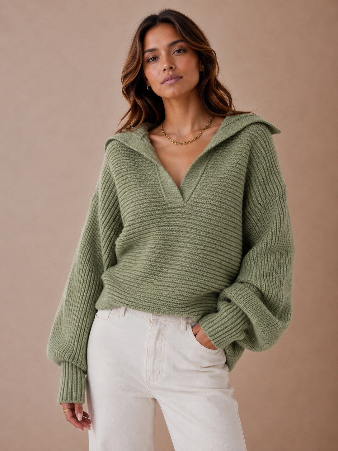 Ribbed Knit Sweater with Oversized Foldover Collar & Split Neckline