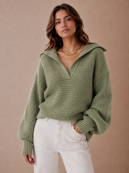 Ribbed Knit Sweater with Oversized Foldover Collar & Split Neckline
