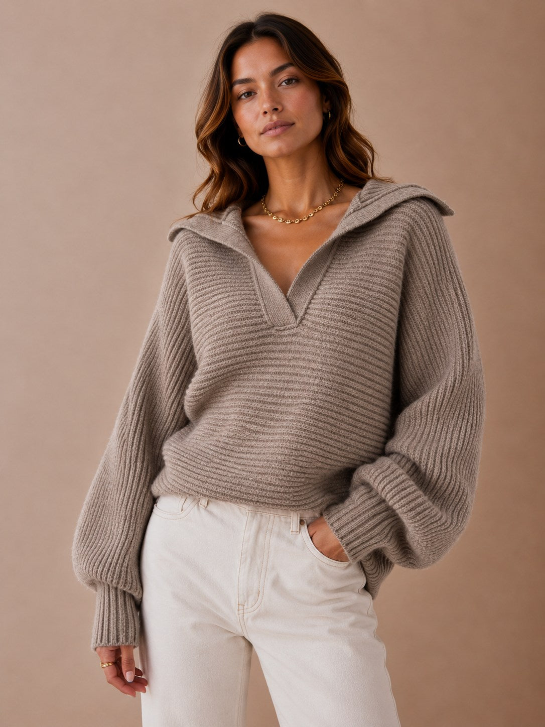 Ribbed Knit Sweater with Oversized Foldover Collar & Split Neckline