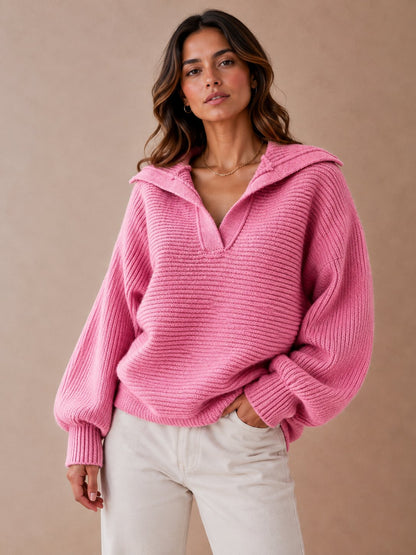 Ribbed Knit Sweater with Oversized Foldover Collar & Split Neckline