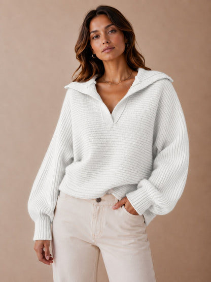 Ribbed Knit Sweater with Oversized Foldover Collar & Split Neckline