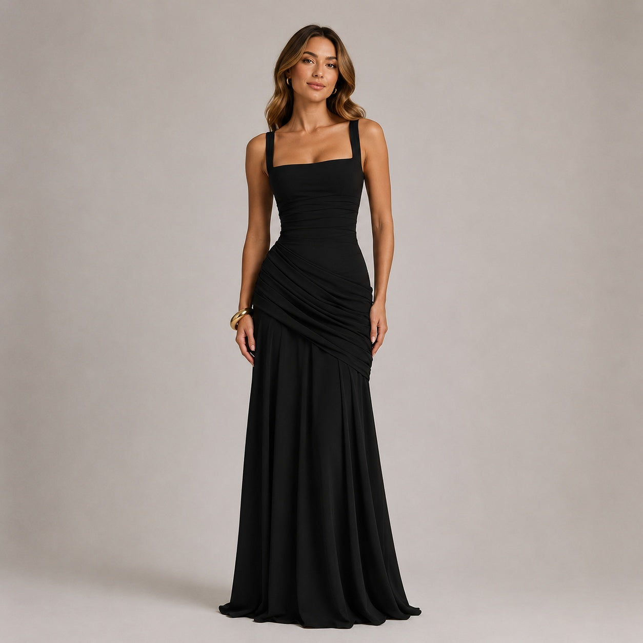 Ruched Maxi Evening Dress — Square Neckline & Fitted Silhouette