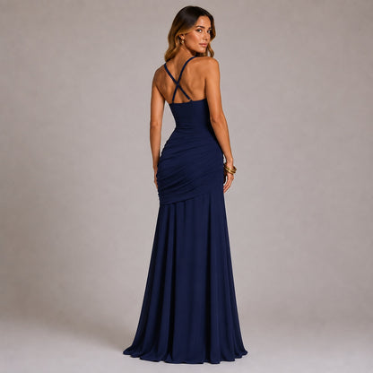 Ruched Maxi Evening Dress — Square Neckline & Fitted Silhouette