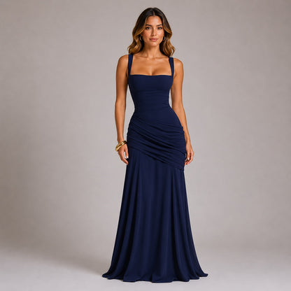 Ruched Maxi Evening Dress — Square Neckline & Fitted Silhouette