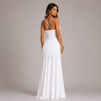 Ruched Maxi Evening Dress — Square Neckline & Fitted Silhouette