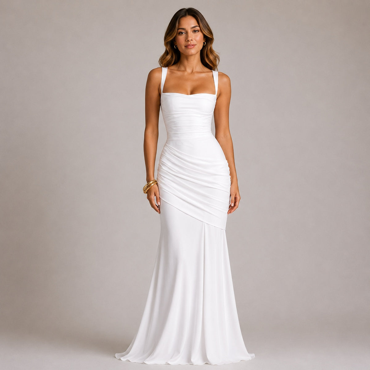 Ruched Maxi Evening Dress — Square Neckline & Fitted Silhouette