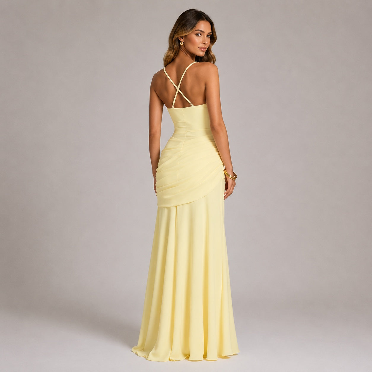 Ruched Maxi Evening Dress — Square Neckline & Fitted Silhouette