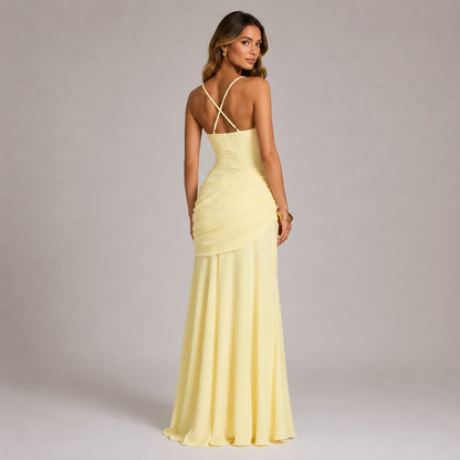 Ruched Maxi Evening Dress — Square Neckline & Fitted Silhouette