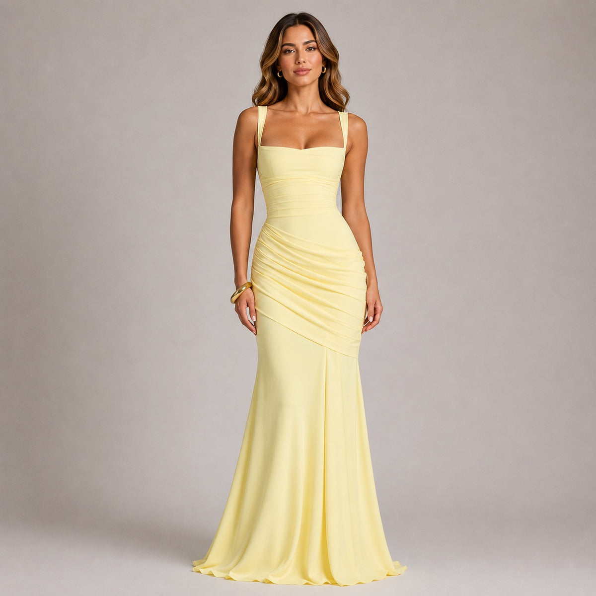 Ruched Maxi Evening Dress — Square Neckline & Fitted Silhouette