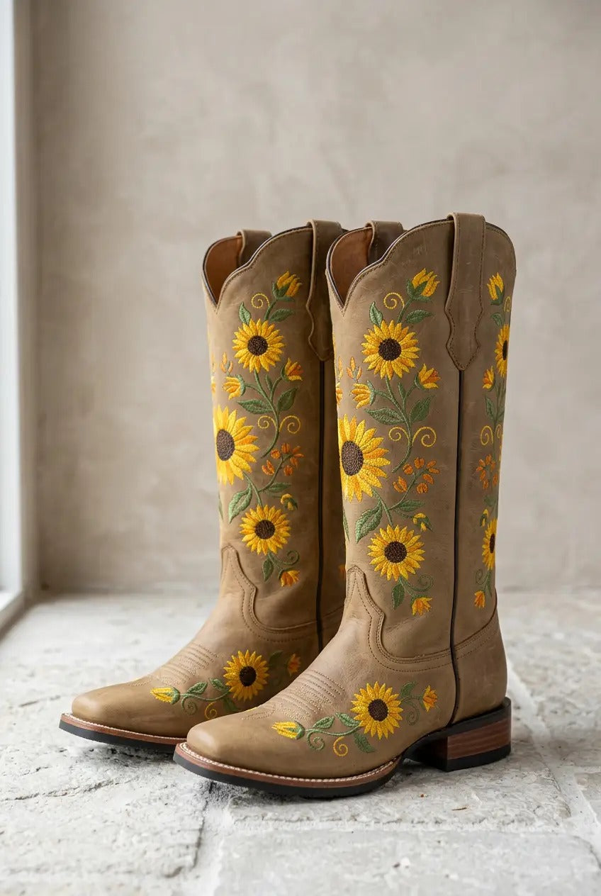 Women's khaki knee-high boots with sunflower embroidery, front view