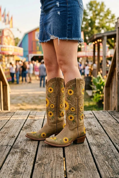 Khaki knee-high boots styled with a dress