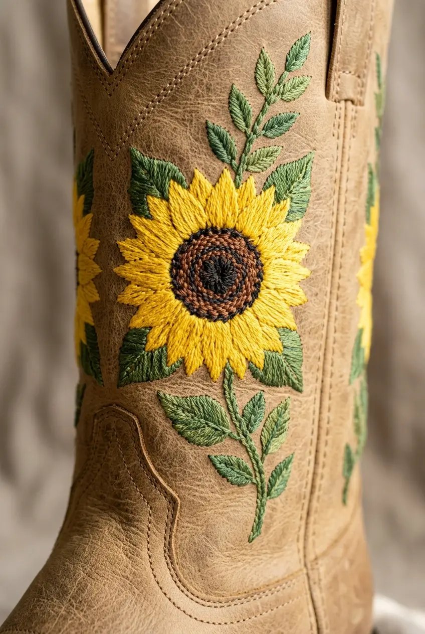 Close-up of sunflower embroidery on khaki boot shaft