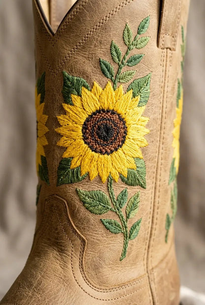 Close-up of sunflower embroidery on khaki boot shaft