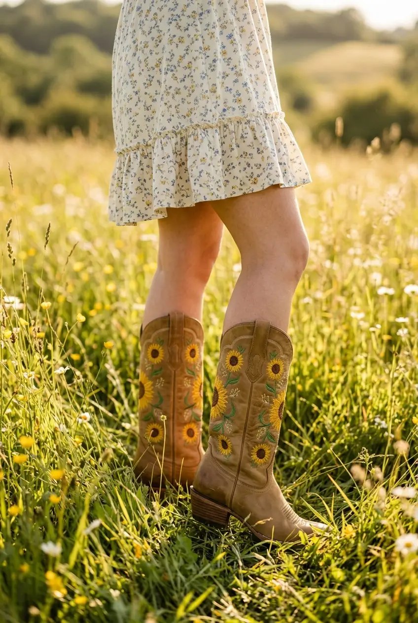 Women's khaki embroidered knee-high boots, back view