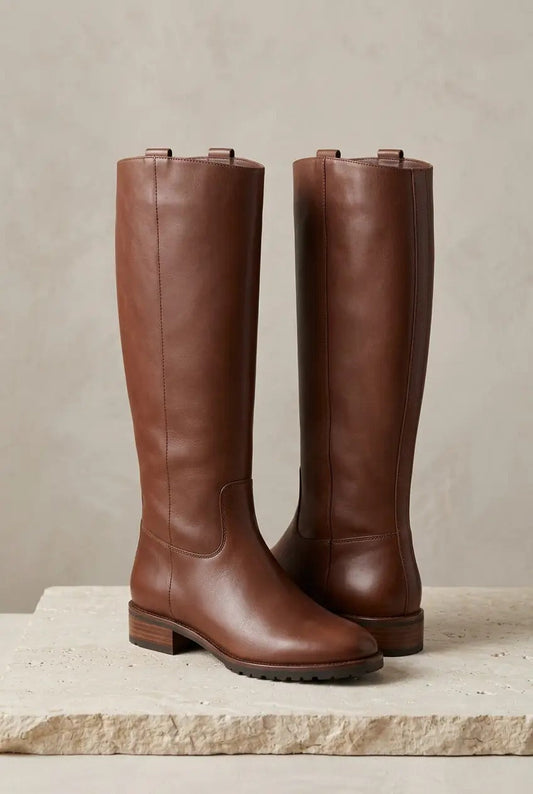 Women's brown wide-calf knee-high boots, front pair view