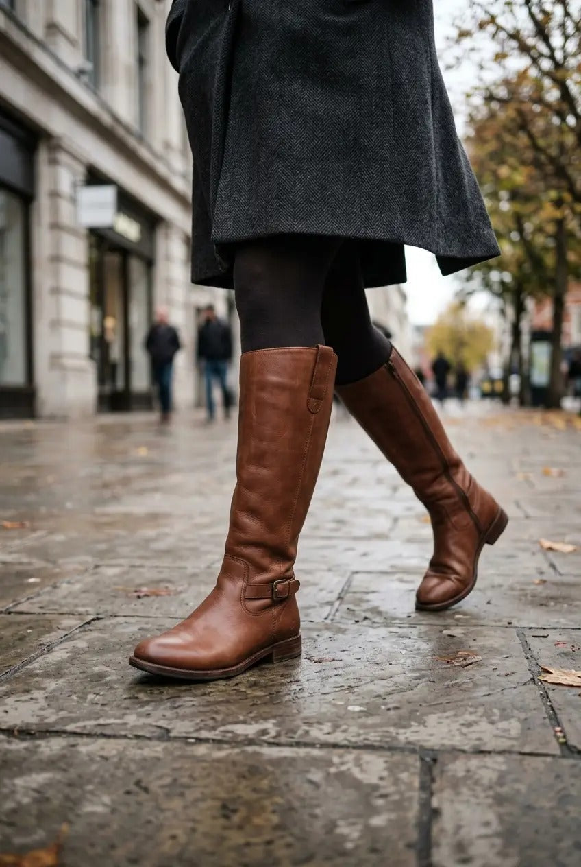 Brown wide-calf knee-high boots styled with denim