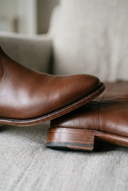Women's brown knee-high boots, back view