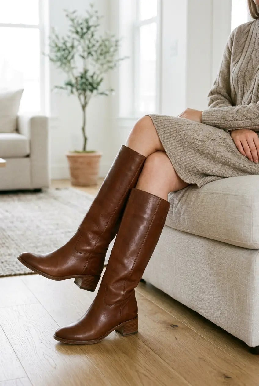 Close-up of almond toe and block heel on brown knee-high boots