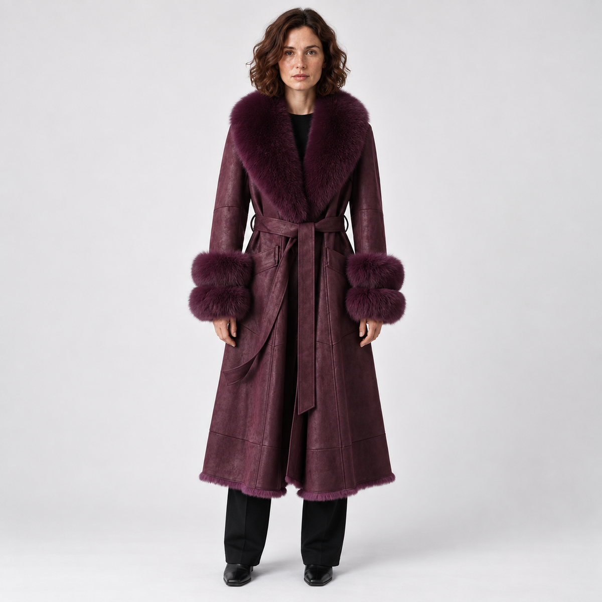 Faux-Fur Trim Belted Long Winter Coat for Women 1