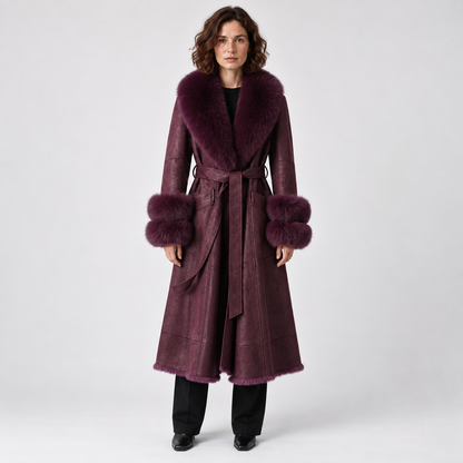 Faux-Fur Trim Belted Long Winter Coat for Women 1