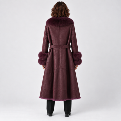 Faux-Fur Trim Belted Long Winter Coat for Women 4